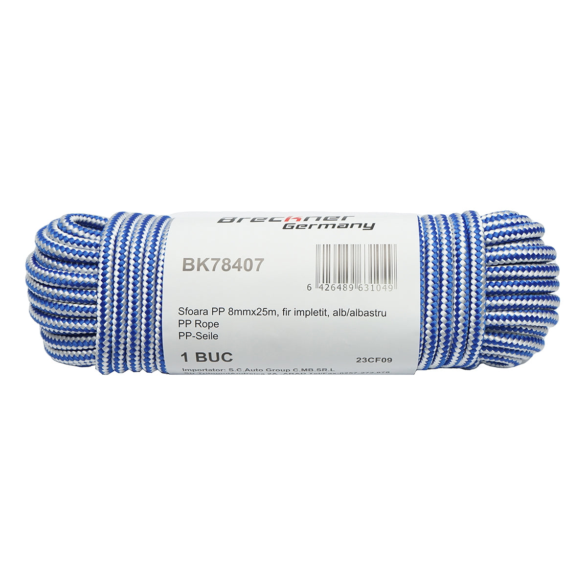 8mm x 25m braided PP rope, white/blue Breckner Germany